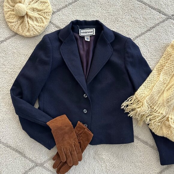 Vintage 60s/70s Bobby Brooks Wool Blend Cropped Navy Blazer - Picture 1 of 8